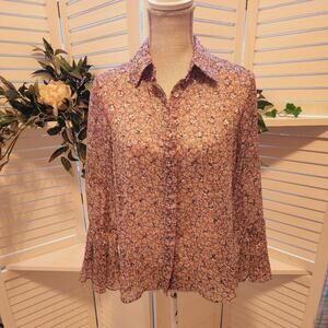 PINKY OTTO SHIMMER SHEER FLORAL BUTTON DOWN BLOUSE WITH BELL SLEEVE SIZE MED